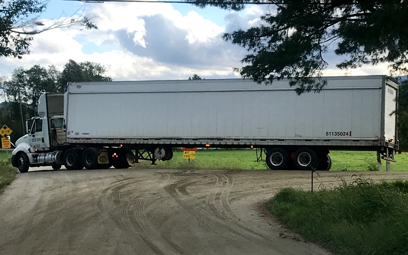 Fred and Carla Messer helped the driver of this semi get the rig turned around when the driver ventured onto Meadow Road and North Road trying to detour around the Route 100B bridge closure. Fred Messer estimated that the truck was 75 feet long. 