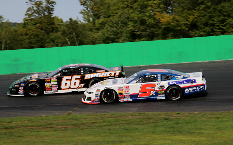 Barre's Jason Corliss (#66VT) has to hold off Hinesburg's Bobby Therrien (#5VT) at Barre Granite Association Championship Night this Friday, September 18, to win his second straight "King of the Road" crown. (Alan Ward photo)