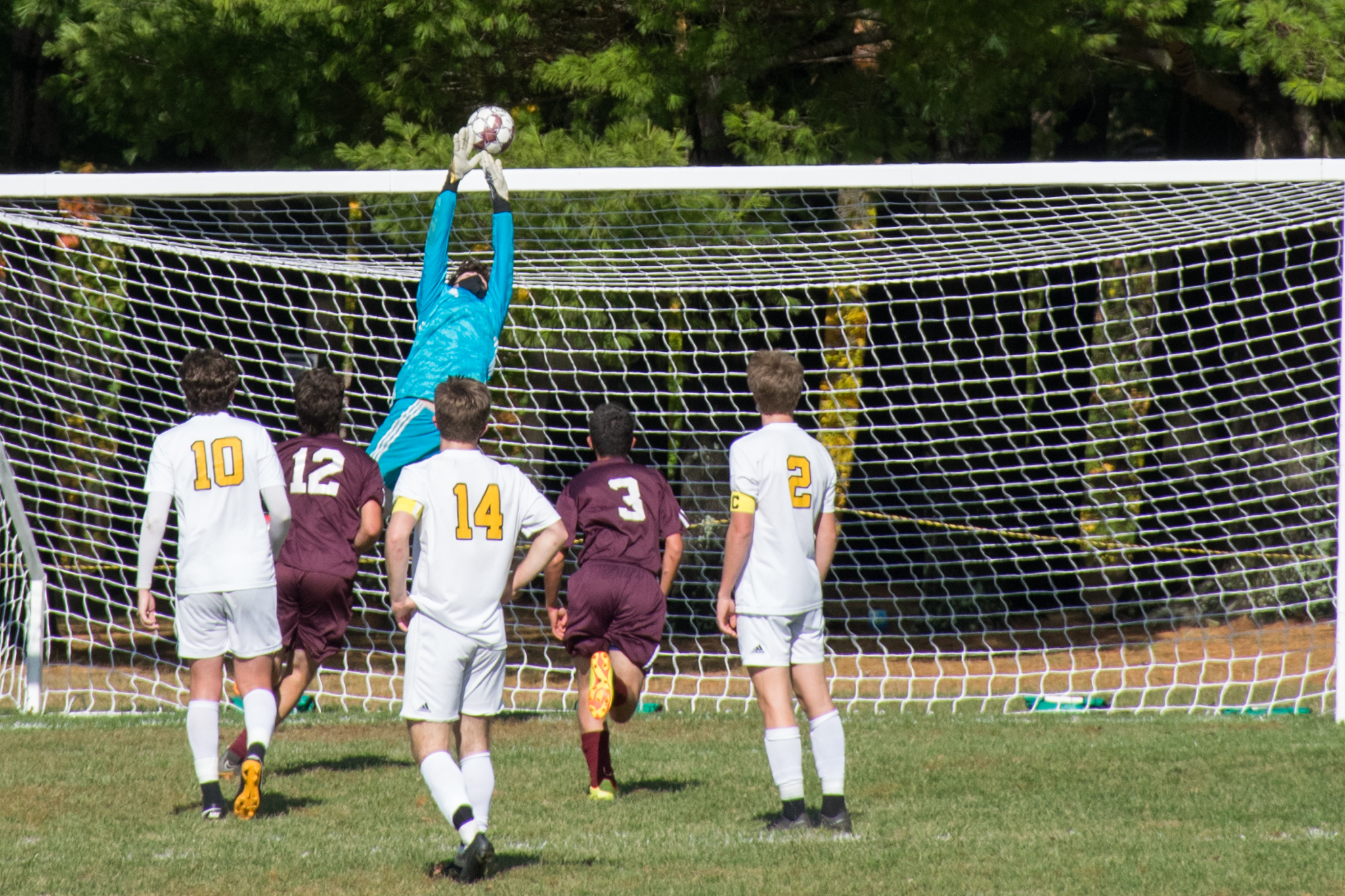 Harwood goalie Jake Collier makes a save in the 2nd half against North Country. Harwood won 2-1. Photo: Jeff Knight