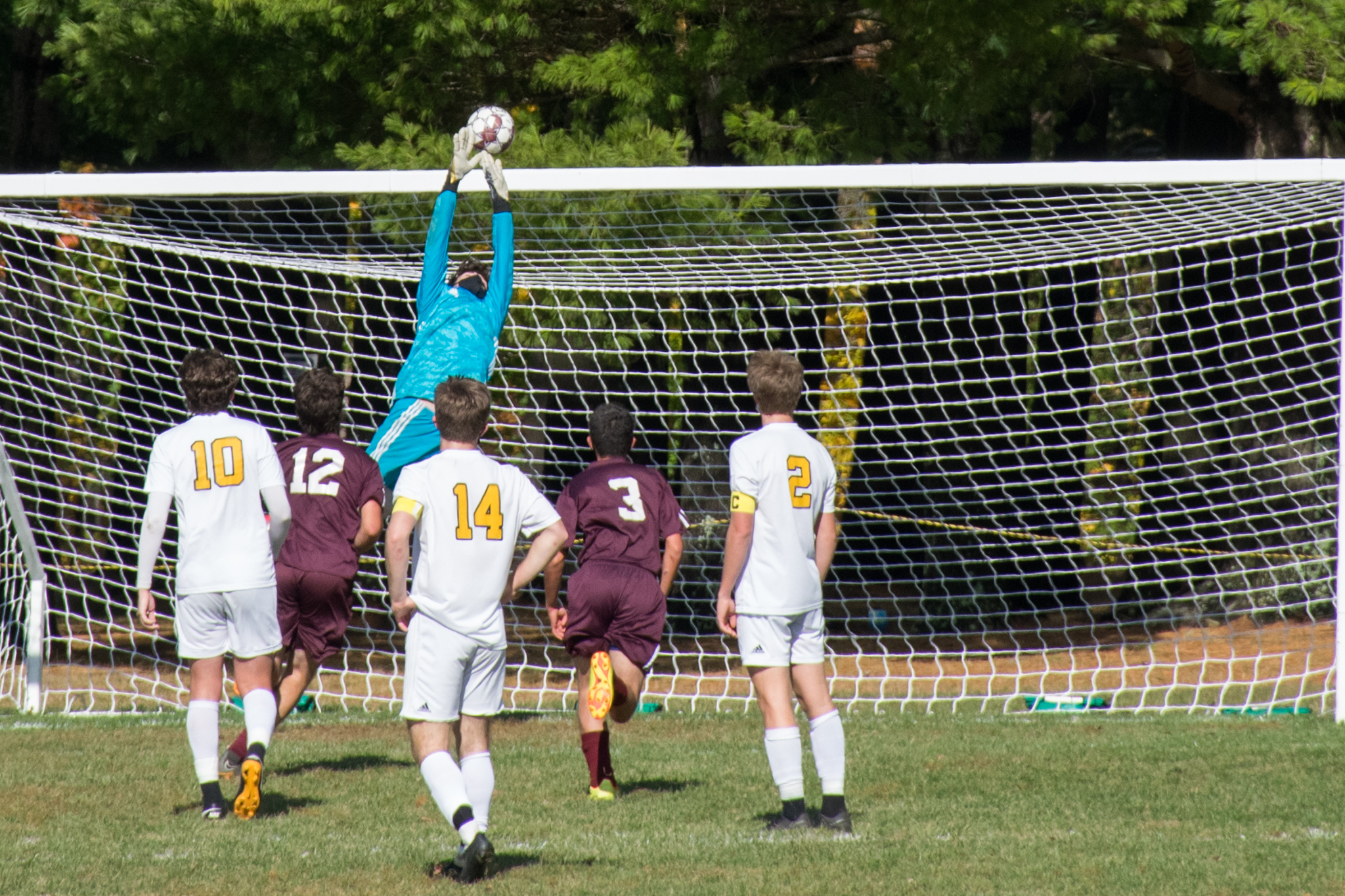 Harwood goalie Jake Collier makes a save in the 2nd half against North Country. Harwood won 2-1. Photo: Jeff Knight Harwood goalie Jake Collier makes a save in the 2nd half against North Country. Harwood won 2-1. Photo: Jeff Knight