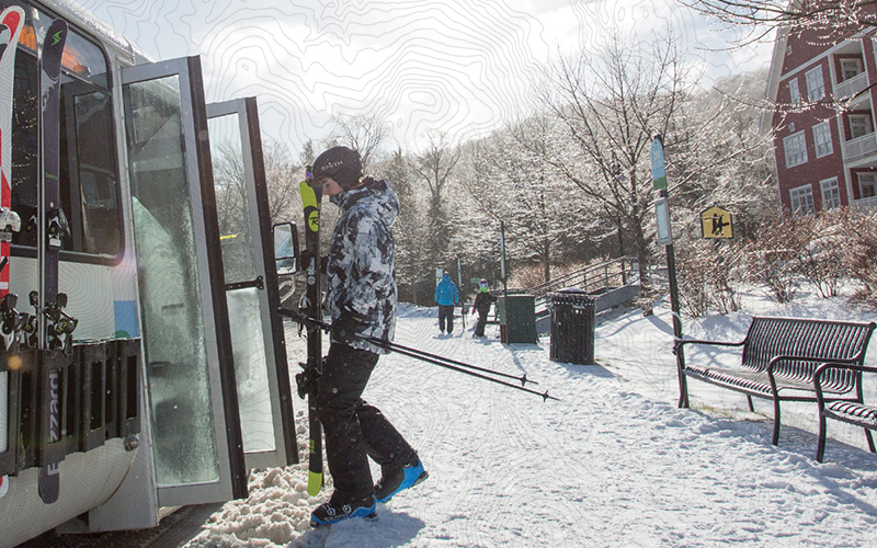 Rider getting on the Mad Bus at Sugarbush.