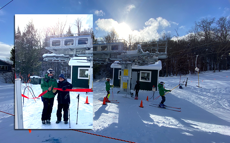 Inset: Steve Utter and Al Hobart cut the ribbon at GMVS's new T-bar lift. Photo courtesy GMVS