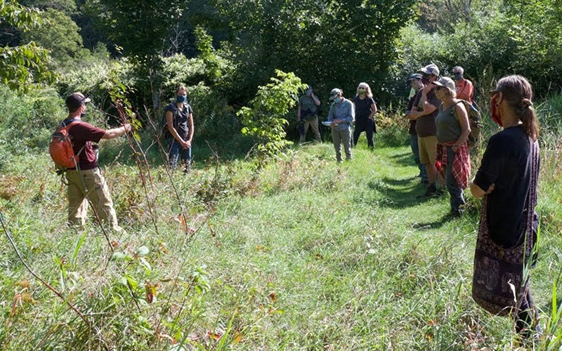 Members of the Austin Parcel Flood Plain Forest Restoration Collaboration gather in Waitsfield for their flood plain forest restoration project. The group was recently honored by the Vermont Urban and Community Forestry Program with its 2021 Vermont Tree Steward Volunteer Group Award. Photo courtesy of Vermont Urban and Community Forestry Program.