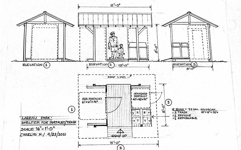 Architect's rendering of the Lareau swim hole portalets and shelter placement.