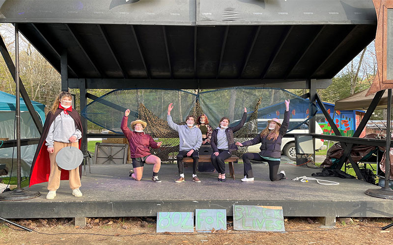 Harwood students rehearsing “The Fantasticks” for the May 13-15 performances at Camp Meade. L-R: Abby Holter, Abigail Leighty, Christopher Cummiskey, Zoe Blackman, Wanda Sullivan and Claudia Derryberry. Photo by Stefanie Weigand.