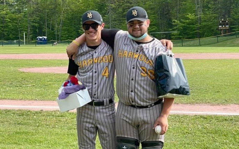 Harwood seniors Aidan Vasseur, left, and Liam Guyette, right, were recognized by their fellow players, coaches and families at the May 25 game against Lyndon.