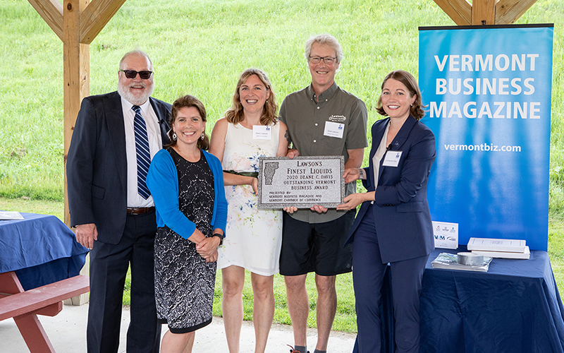 Lawson's Finest Liquids was named the Deane C. Davis Outstanding Business of the Year this week by the Vermont Chamber of Commerce and Vermont Business Magazine. From left:  John Boutin, publisher of Vermont Business Magazine; Vermont Chamber president Betsy Bishop; Karen Lawson, Sean Lawson and Vermont Lt. Governor Molly Gray. Below: Sean and Karen. Photo: Jeremy Baldwin Photography.