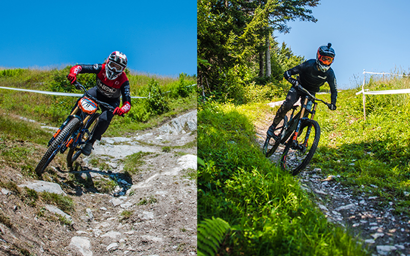 Steve Estabrook, left, took first place in the enduro and downhill pro division and Isaac Allaire, right, placed third in the enduro pro division at the Eastern States Cup held at Sugarbush on August 1. Photos: John Bleh. 