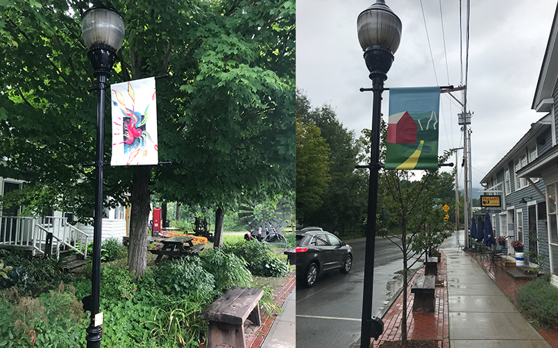 Art banners hung up on Bridge Street in Waitsfield, VT