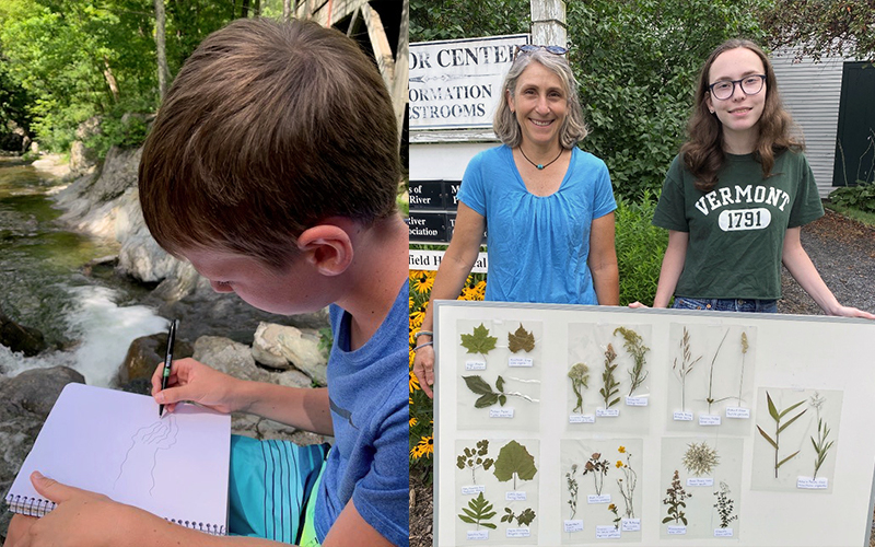 Left, Boone Parsons, of Warren, considering the processes that shaped what he sees at Folsom Brook today. Julie and daughter, Ingrid, of Warren share their collection of plant life from their Warren Covered Bridge sampling site. Photos: Annie Parsons - Mad River Watch Volunteer, Friends of the Mad River