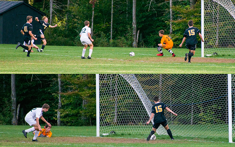 Cooper Olney scores the eventual winner against Montpelier on Tuesday with the assist from first goal scorer Jordan Schullenberger. Photo: Jeff Knight
