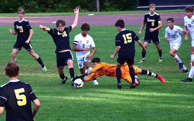 Harwood's Lewis Clapp stretches for the ball in the second half of Harwood's 2-1 win over Montpelier on Tuesday. Photo: Jeff Knight