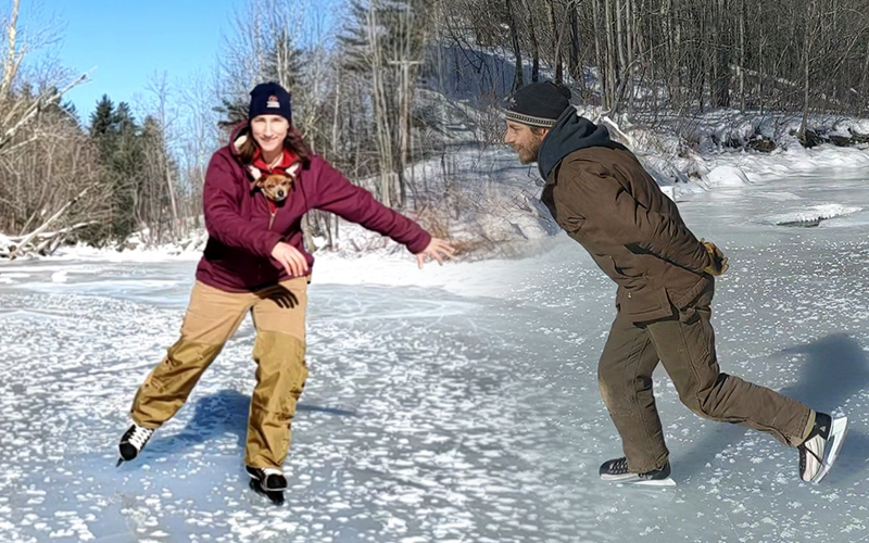 Sarah and Andrew Spencer skating on a frozen Mad River.