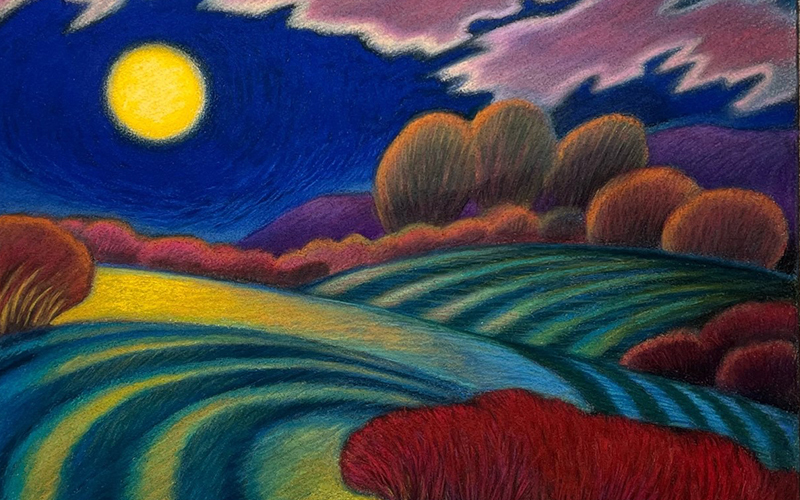 Marilyn Ruseckas, Vermont Moon, pastel on paper,17”x18,” 2022.
