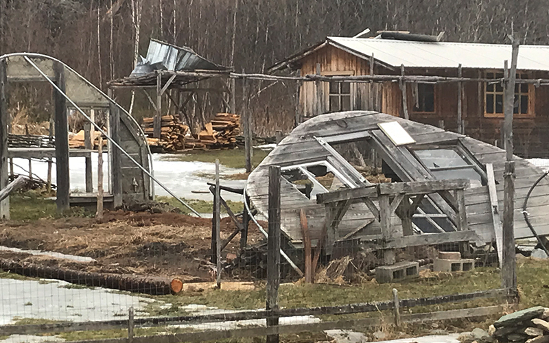 A microburst on Sunday, March 6, destroyed a greenhouse, damaged a roof, and other outbuildings at American Flatbread in Waitsfield, VT. Photo courtesy George Schenk.