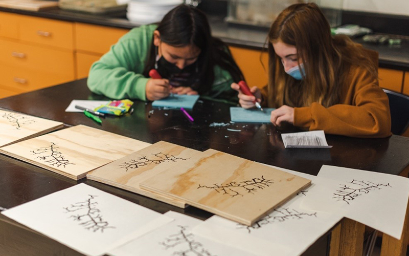 Harwood Middle School students creating art based on their learning of the watershed.