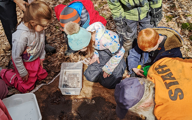 Moretown Elementary School first and second graders explore streams as part of the "Water is Life" project. Photo: Erika Nichols-Frazer