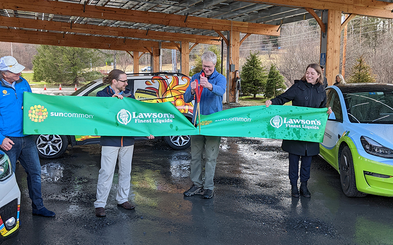 L: Duane Peterson of SunCommon, Jonathan Dowd of Renewable Energy Vermont, Sean Lawson of Lawson's Finest Liquids, and Lt. Governor Molly Gray. Photo: Erika Nichols-Frazer