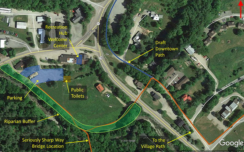 Map of Waitsfield showing proposed VOREC trials, parking and crosswalks