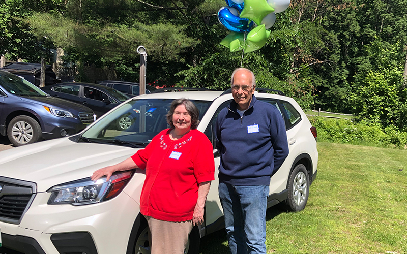 Johnnye Eure, left, and Mike Bransfield, founders of Free Wheelin’, celebrated the three-year anniversary of Free Wheelin’ this past Monday with volunteers and community members at Evergreen Place, Waitsfield.