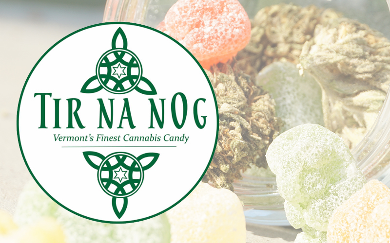 Tir Na Nog logo and cannabis edibles.Background photo: Elsa Olofsson 