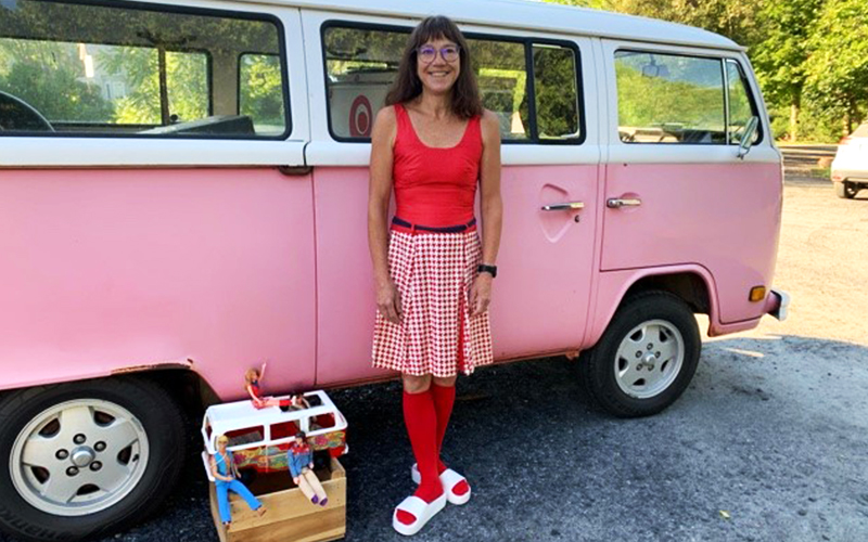 Keryn Nightingale, in front of her pink VW van, returnes to Phantom with her solo show, "On the road with an Oxymoron."