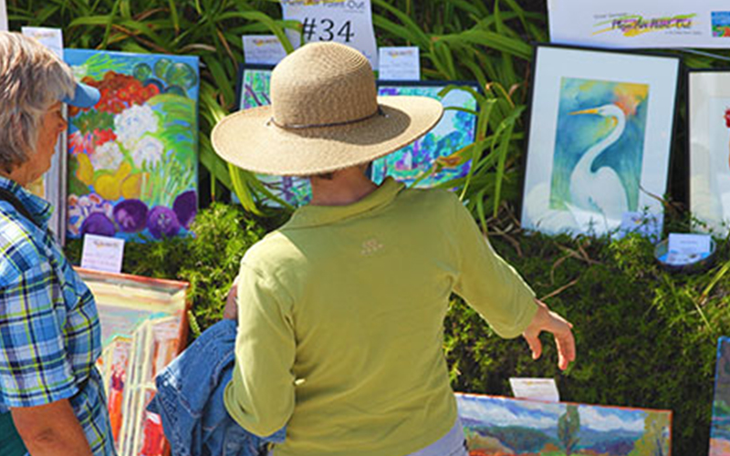 women looking at paintings.