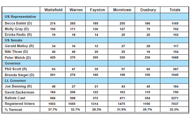 chart of 2022 primary election results for the Mad River Valley.