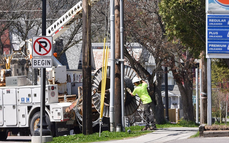 Crews removing overhead cables have been working on Main Street this spring and summer. Photo by Gordon Miller