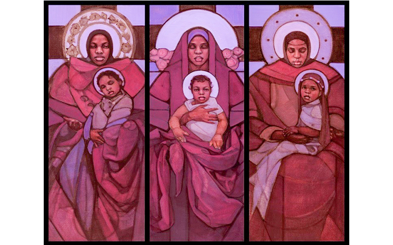 Triptych of Madonna and child. One of the paintings by Janet  McKenzie honoring diversity and inclusion on display at the Waitsfield Village Meeting House through September 4.