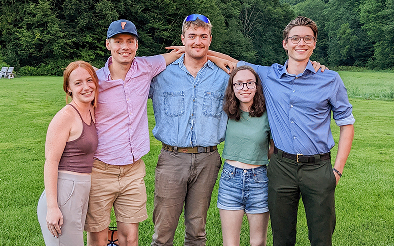 The Mad River Valley knotweed interns, Natalie Bingham, Samuel Fisk, Peter Larkin, Ingrid Westervelt, and Riley Schmidt.