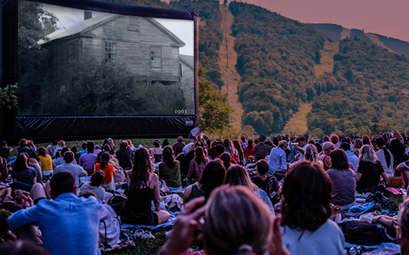 Composite of ski trails and outdoor movie