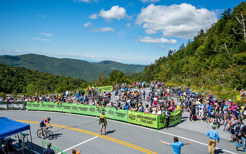 Crowds of spectators and bikers gather at the top of the Appalachian Gap for the finish of the GMSR. Photo courtesy Gary Kessler