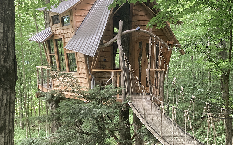 A unique treehouse with suspension bridge built by B'fer Roth. Photo Dana Jenkins