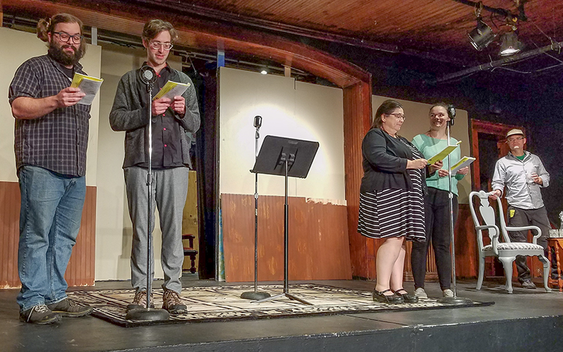 Members of Valley Players standing at microphones as they prepare to present “The Great Gatsby: A Live Radio Play” from October 7-23 at the Valley Players Theater in Waitsfield, VT. Photo: Ruth Ann Pattee