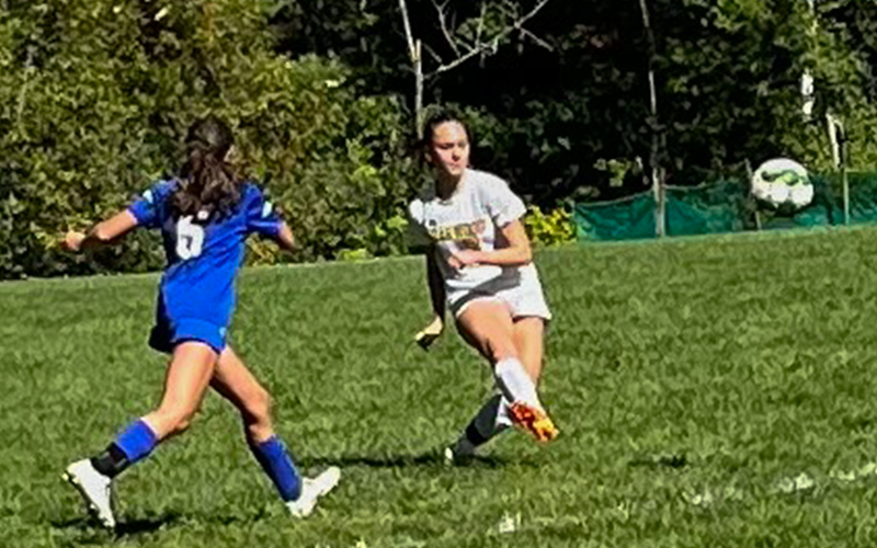 Harwood's Addy Lilley passes against Thetford. Harwood won 4-1. 