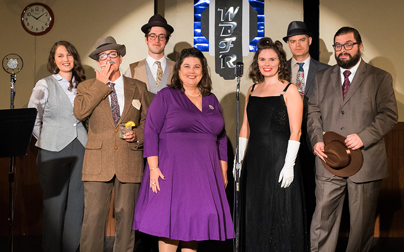 Cast of “The Great Gatsby” (from left to right) Kohl Comtess, Charlotte Robinson, David Rapp, Marci Robinson, Sarah Debouter, Aric Brown, and Tom Jacques. Photo: Sam Robinson.