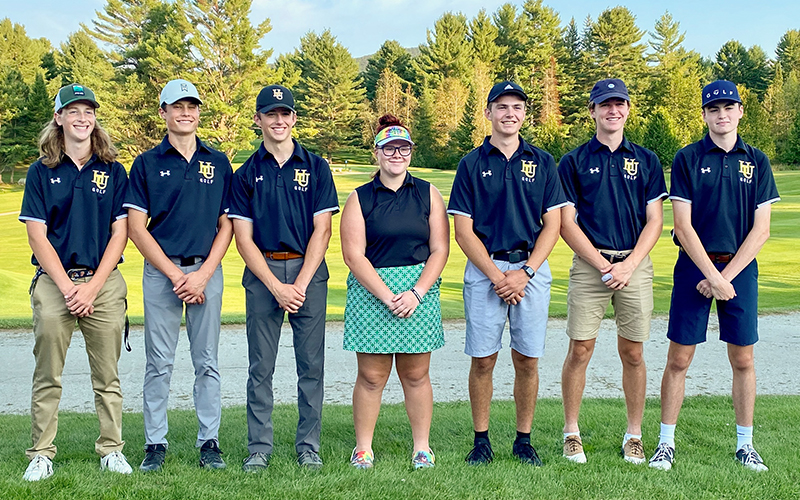 The Harwood Union High School Golf Team at Orleans Country Club: Will Burks, Tobey Bellows, Garrett Nelson, Jordin Hunter, Parker Davey, Nathan Kudriavetz, and Reuben Kretz. 