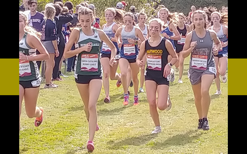Harwood’s Charlie Flint closes the gap on a Bonny Eagle runner. Harwood girls fi nished third in the seeded section of the race. Photo: John Kerrigan.