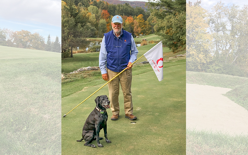 Spencer Potter and  Eva on one of the greens at Potter's Woodchuck Golf Course in Waitsfield, VT. Photo Lisa Loomis