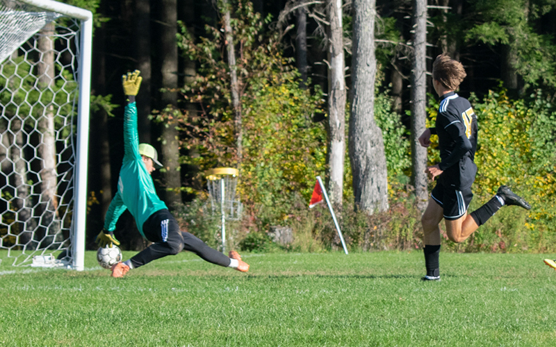 Jack Greenwood scores for Harwood Boys' Soccer on Tuesday, October 11. Harwood beat Lake Region 6-0. Photo: Jeff Knight