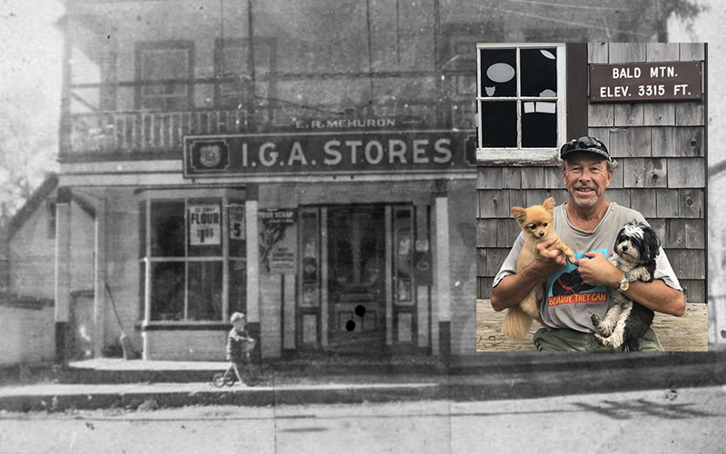 Tom Mehuron as a boy in front of the family store. Inset with his furry friends, Tasmania, left, and Francesca, right.