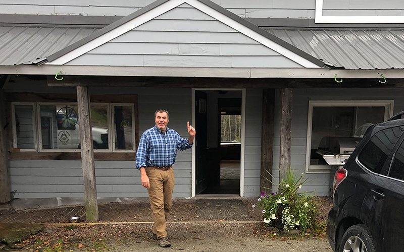 Mad River Valley Chamber of Commerce executive director Eric Friedman points to where the Mad River Valley rec hub sign will be located. Photo: Lisa Loomis