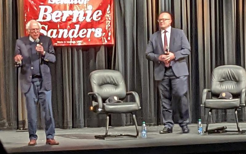 Senator Bernie Sanders and Finland’s ambassador to the United States Mikko Hautala at Harwood Union High School.