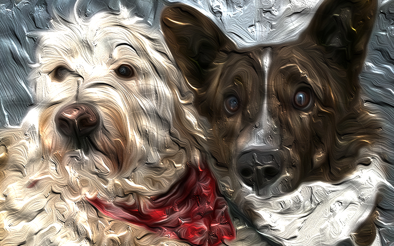 photoshop paint of two dogs, a doodle and a corgi