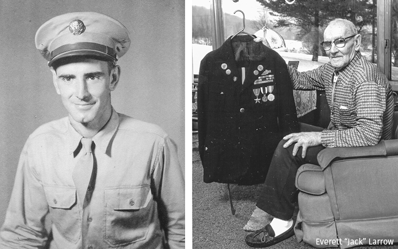 Everett “Jack” Larrow as a young man in uniform and later in life holding his dress uniform with medals.