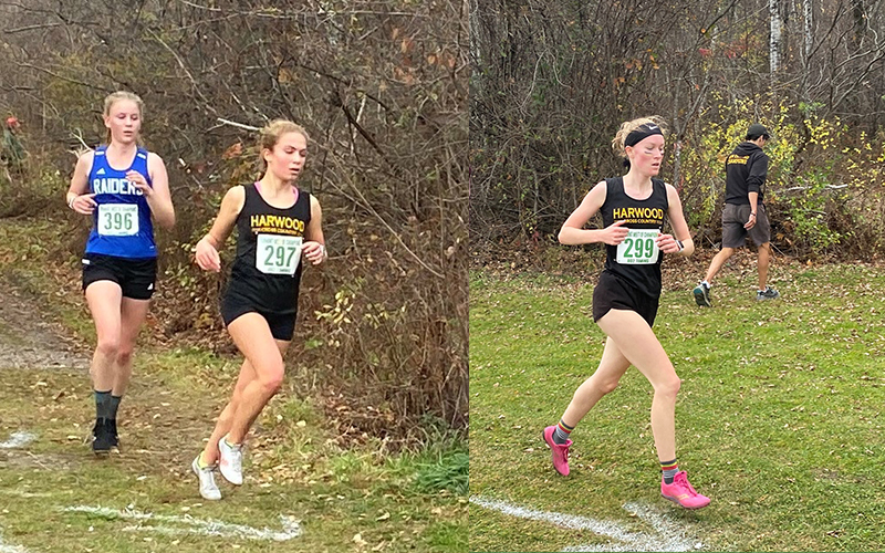 Maisie Franke (299) and Charlie Flint (297), Harwood seniors, run their final high school cross-country race on Saturday. Photo: Robert Cummiskey.