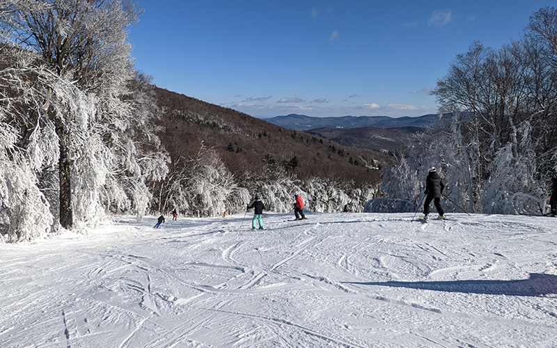 skiers on opening day 2022 at Sugarbush Resort. Photo Erika Nichols-Frazer