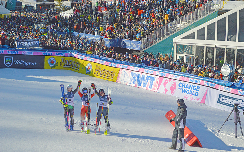 Killington HERoic Giant Slalom top 3 GS - Sara Hector, Lara Gut-Behrami, Marta Bassino. Photo: Dylan Frazer.