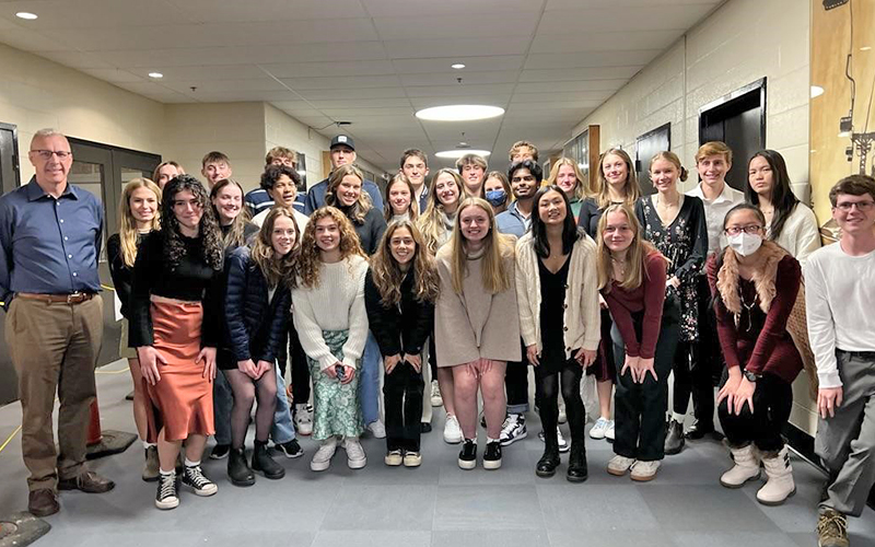 The new inductees to Harwood Union’s chapter of the National Honor Society pose for a photo with Superintendent Dr. Mike Leichliter.